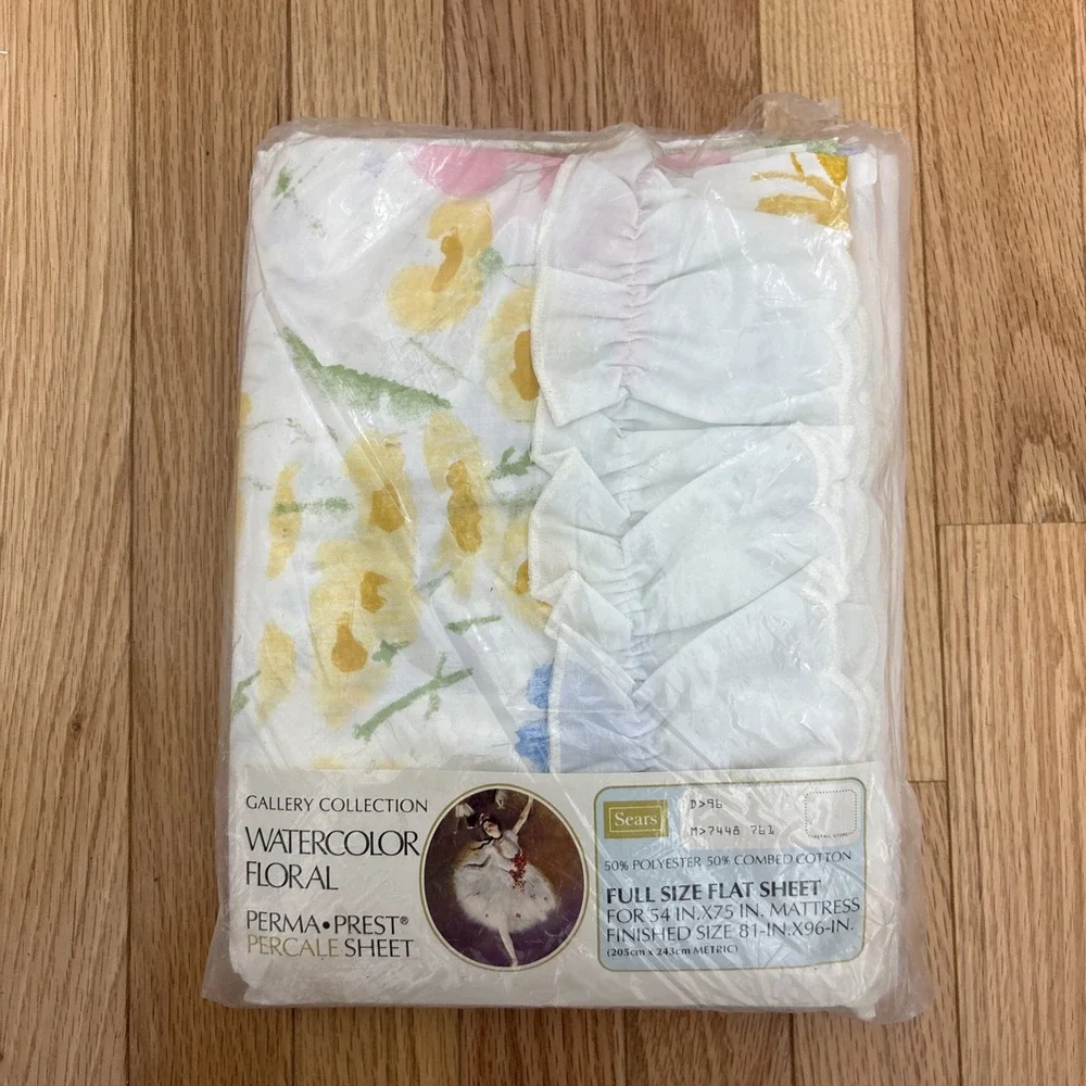 Vintage Sears Gallery Collection Watercolor Floral Flat Percale Full Size New